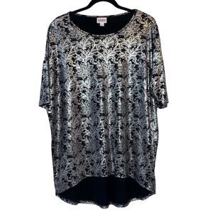LuLaRoe Irma Tunic Small Pink Label Black Silver Damask High Low Top Stretch‎